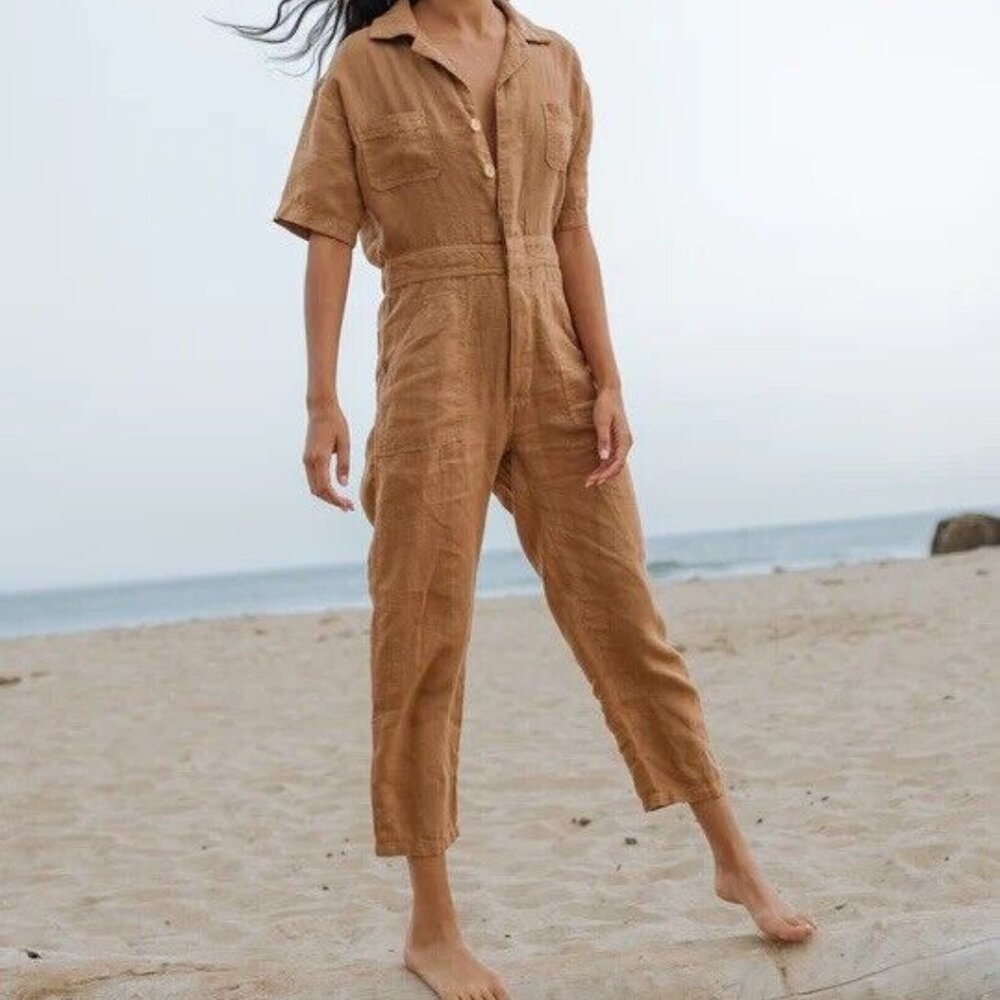 30. Mate The Label‎ Linen Short Sleeve Jumpsuit in Sedona Tan (Light Brown)